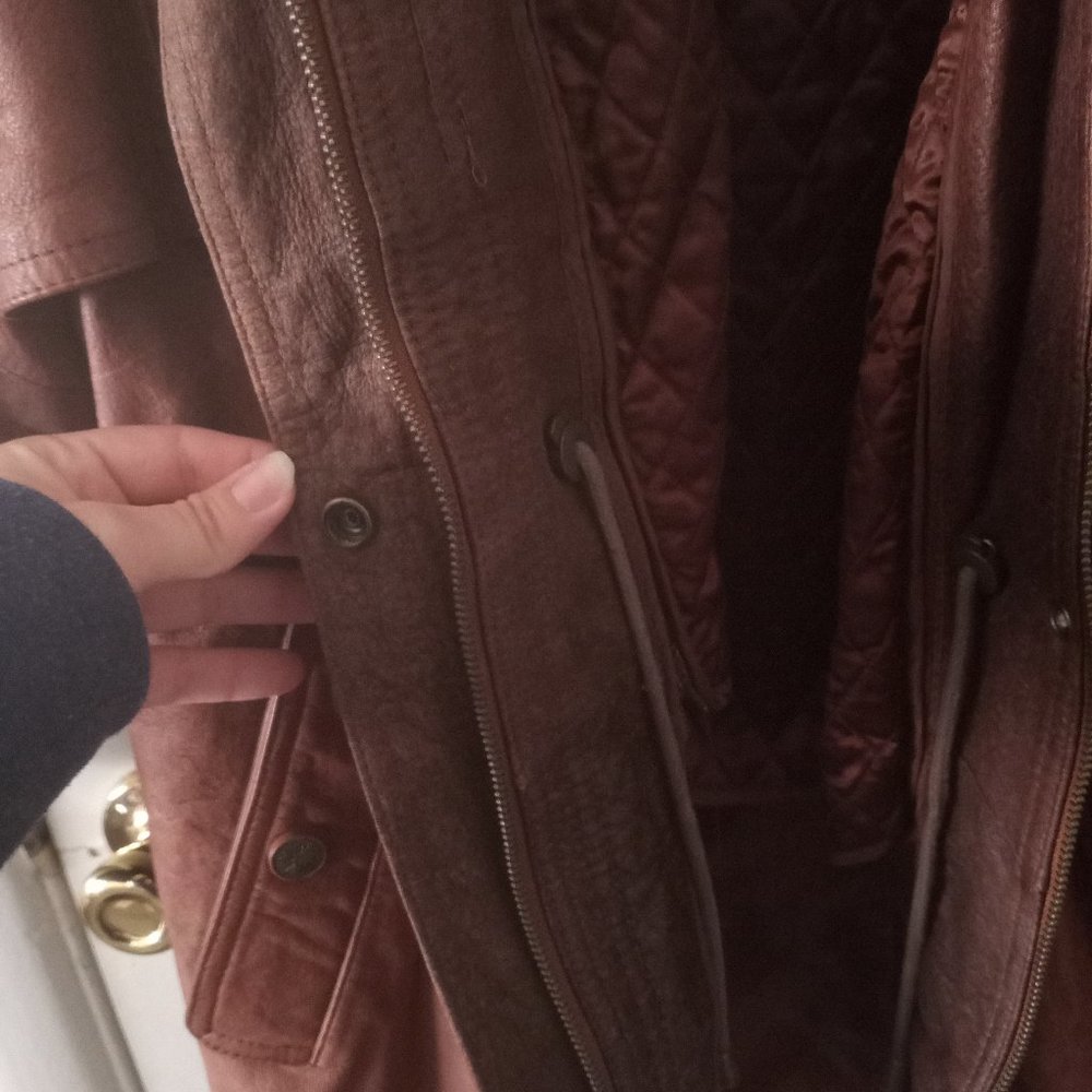 VTG Heavy Long Hooded Brown Leather Jacket - Picture 7 of 16